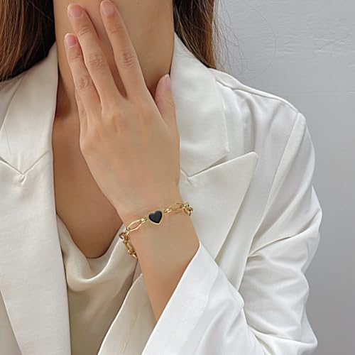 Image of Fashion Stainless Steel Enamel Heart Link Chain Bracelet(Gold)