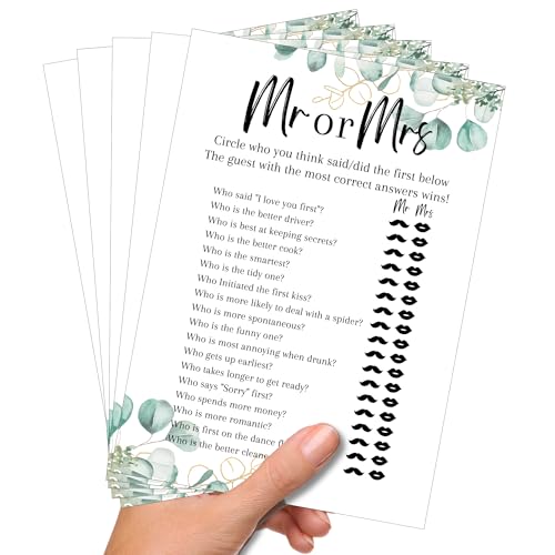 Mr or Mrs Hen Party Game Fun Bridal Shower Quiz Eucalyptus Design Wedding Game Cards A5 Printed Pack for Bride-to-Be Guess Who Knows the Couple Best Sets of 530 (10 Pack for 10 Hens)