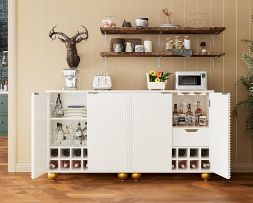 Cakhdry Fluted Wine Bar Cabinet with Storage, 31.5\" Liquor Cabinet with Wine Racks and Glass Holder, Modern Wine Cabinets Accent Sideboard Buffet Table for Kitchen Dining Room, Living Room, White