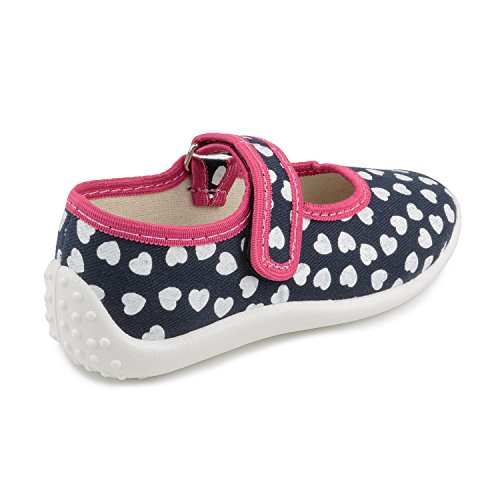 Klaudia 5817 Little Girls' White Hearts Pattern on Navy Blue Natural Canvas Hook-and-Loop Mary Jane Flat2