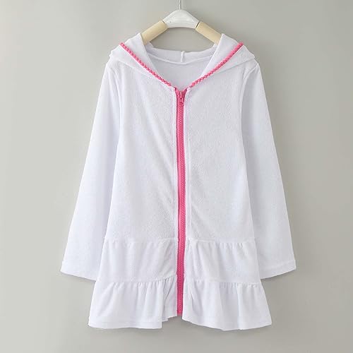 Girls Swim Cover Up Kids Toddler Terry Swimsuit Swimwear Coverup Zip-Up Beach Long Sleeve Hooded Ruffle Dresses3