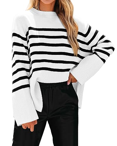 Image of KIRUNDO Women's Striped Knit Oversized Fall Sweaters 2026 Trendy Clothes Crewneck Winter Pullover Sweater Side Split