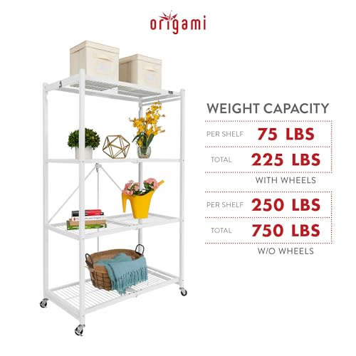 Image of Origami 4-Pack R5 Storage Rack, 4-Tier Heavy-Duty Foldable Steel Shelf with Wheels, White