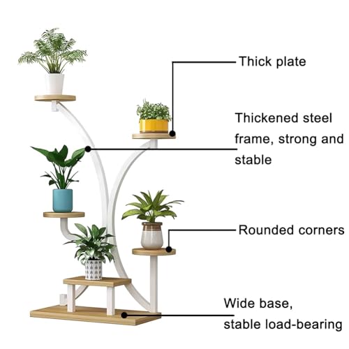Supporto per piante in metallo a 5 livelli, alto ripiano in legno per più vasi da fiori, ideale per interni, patio, soggiorno, balcone, giardino, decorazione