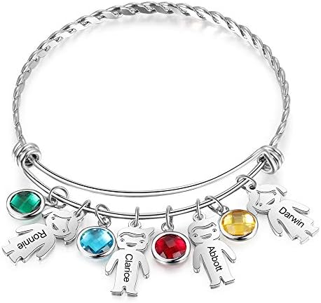 ALBERTBAND Personalized Mother Bracelet for Women with 1-5 Birthstones Custom Name Bangle Bracelet Personalized Expandable Boy and Girl Charms Birthstone Bracelet for Mothers Grandma