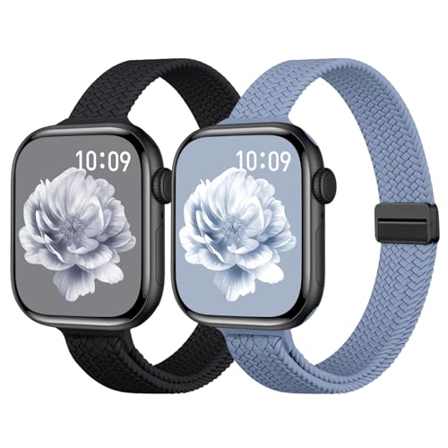 Slim Braided Stretchy Band Compatible with Apple Watch Bands 40mm 41mm 38mm 42mm 44mm 45mm 46mm 49mm Women Men, Thin Nylon Sport Solo Loop Magnetic Strap for iWatch Series 11 10 9 8 7 6 5 4 3 SE Ultra by Chauard - Used condition - US$13.49