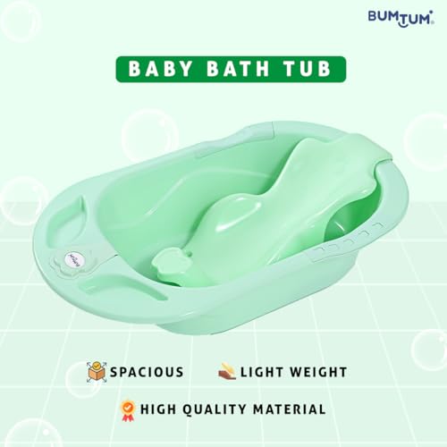 Image of BUMTUM Baby Bathtub & Anti Slip Baby Plastic Bath Chair | Bathtub with Drain Plug, Baby Bath Seat /Sling with Non Slip Suction Base for Babies, Infant & Toddlers(Sea Green)