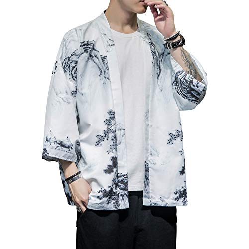 Image of Men's Japanese Kimono Robe Jacket Lightweight 3 /4 Sleeve Open Front Yukata | Silky Smooth Fashion Print Happi Coat Lightweight Breathable Loose Unisex Haori Casual Summer Cardigan Daily Beach Vacation