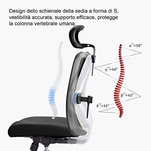 Sedia Ufficio, Sedia scrivania Sedia ergonomica con Supporto Lombare per Poggiatesta e Bracciolo Regolabile, Schienale Alto in Rete, Portata Massima 150 kg - Sedia gaming - Immagine 4
