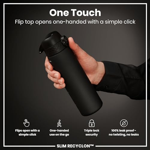 Ion8 Water Bottle, 500 ml/18 oz, Leak Proof, Easy to Open, Secure Lock, Dishwasher Safe, BPA Free, Hygienic Flip Cover, Carry Handle, Fits Cup Holders, Easy Clean, Carbon Neutral, Black - Image 4