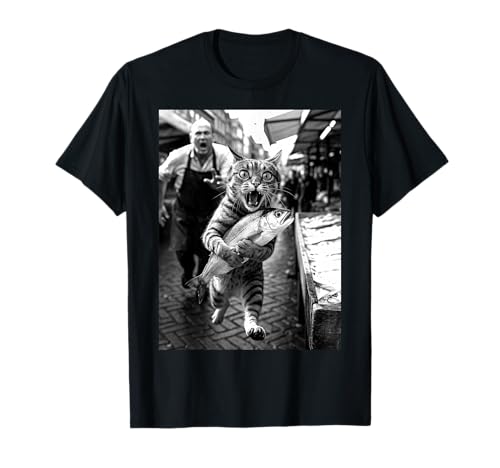 Katze Kater Fisch Lustig Markt Chaos Tier Meme Humor Witzig T-Shirt