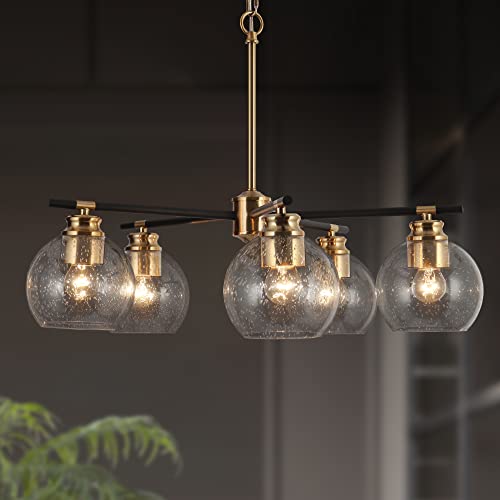 Durent Lighting Modern Black And Gold Chandelier, 5-Light Pendant Light Fixture With Seeded Glass Shades For Dining & Living Room, Bedroom, Kitchen, And Foyer (D23” X 17.5” H) #TOP9