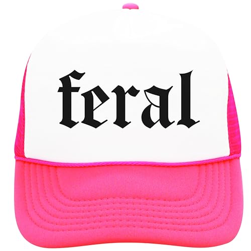 Feral in Gothic Font Trucker Hat Funny Summer Unisex Classic 5 Panel Mesh Snap Back White/Neon Pink Trucker Hat