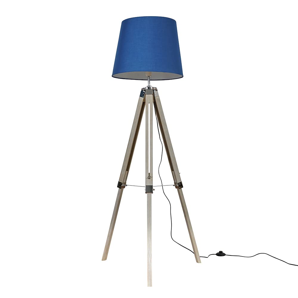 MiniSun | Modern Distressed Wood and Silver Chrome Tripod Floor Lamp with a Navy Blue Tapered Light Shade | Floor Lamps, Home Décor & Improvement Essential | Includes Bulb [3000K Warm White]