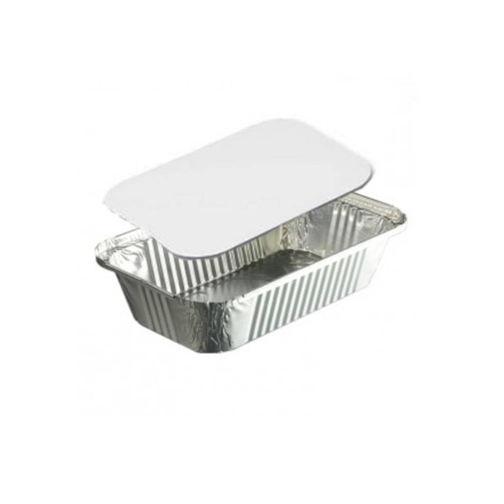 D-Work Aluminiumschalen 1000 ml – 222 x 122 x 54 mm – optimale Dicke – hitzebeständig bis 380 °C – Deckel aus weißem Karton – 600 Stück
