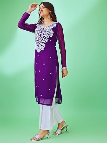 Image of HESVI Women's Georgette White Lakhnavi Chikankari Kurti with Intricate Embroidery Work