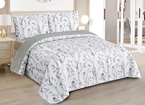 BESCH Colcha Boutis para Primavera y Verano Bicolor Reversible Estampada + 1 Funda Cojin 50x70 cm - Colcha Ligera Fina Entretiempo (Cama 90, 180x260cm)