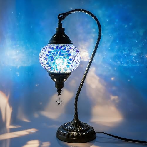 Ruhaieba Turkish Moroccan Lamp with 3 Color Options - Handmade Tiffany Mosaic Glass Bedside Lamp with Bronze Base Swan-Neck Nightstand Light for Bedroom (LED Bulb Included) (Blue B)
