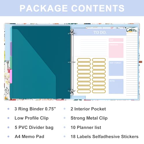 Image of 3 Ring Binder, 0.75 Inch Binder Organizer with 5 Tab Dividers, File Folder Labels, A4 Memo Pad & to Do List Planners for Women, Men, School Supplies and Office Supplies, Colorful Flowers