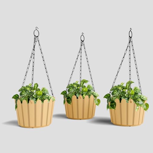Image of YUCCABE ITALIA SHERA Hanging Fence 8 INCH Planter Pot Plastic Flower Hanging Pots for Home Decoration Sutiable for Indoor and Outdoor (Beige, Pack of 3)