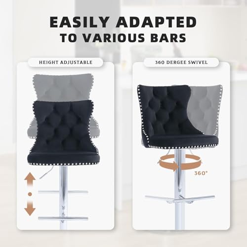 Set de 4 Butacos Giratorios de Barra de Terciopelo de 33" con Respaldo, Altura Ajustable, Sillas Modernas Tapizadas con Patas Plateadas para Isla de Cocina, Barra y Comedor (Negro y Patas Plateadas) miniatura 4