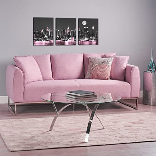 Sycdeor Romantic Black And Pink New York City Night Scenes Canvas Wall Art- Modern Cityscape Sailboat Building Prints Painting For Living Bedroom Home Decor 3Panels Each 12"X16" #TOP2