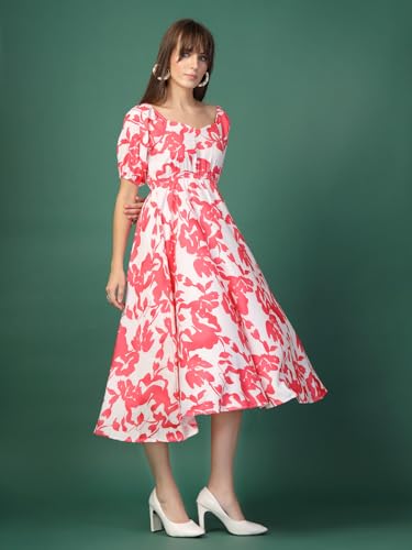 Image of OOMPH! Below Knee Shift Pink Dress in Crepe Fabric with Round Neck and Puff Sleeves - md619l
