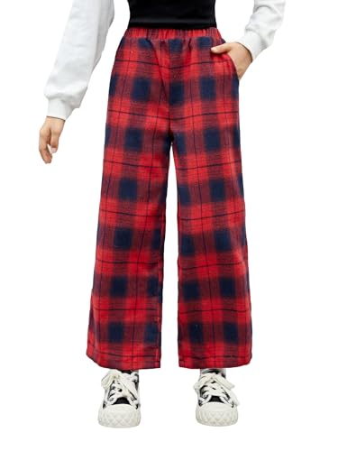 Girl's Plaid Wide Leg Pants Elastic High Waisted Trousers Trendy Sweatpants with Slant Pockets Red 10 Years