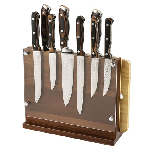 Bloque magnético grande para cuchillos sin cuchillos 26 x 23,8 cm, soporte de madera de caucho de doble cara con protector acrílico y potente imán para 12-18 cuchillos y una tabla de cortar (A)