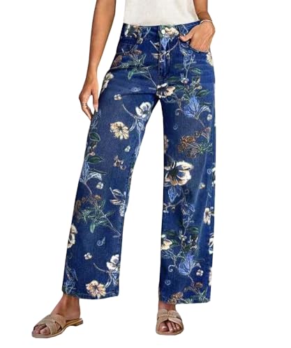 Women's High Waisted Baggy Jeans Stretch Wide Leg Printed Embroidered Straight Leg Denim Pants