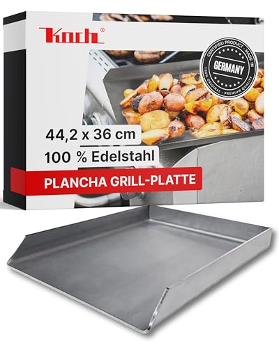 KOCH #38 PLANCHA 44,2 x 36 x 3cm - Massive Grillpfanne Grillplatte Burgerplatte Steakpfanne Teppanyaki – Hochwertig + Edelstahl V2A Stärke 4mm 5,9 KG – für Grill oder Ofen made in Germany