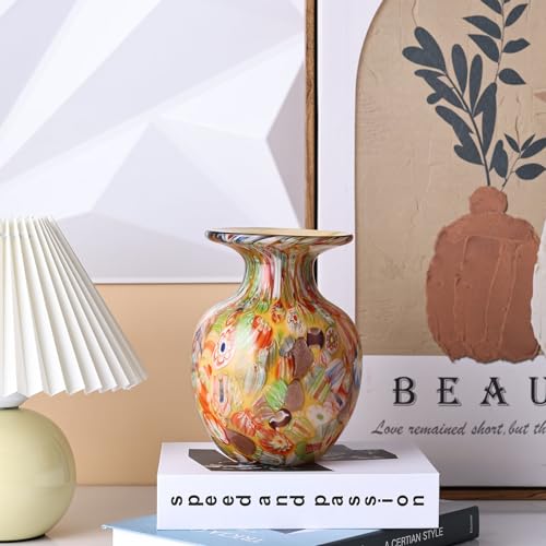 Yellow Orange Round Glass Vase,Modern Art Sea Glass Decor with Colorful Petal Decorative for Home Decor,Hand Blown Stained Vase for Flowers Living Room Dining Tabletop Centerpiece Office Decor - Image 4