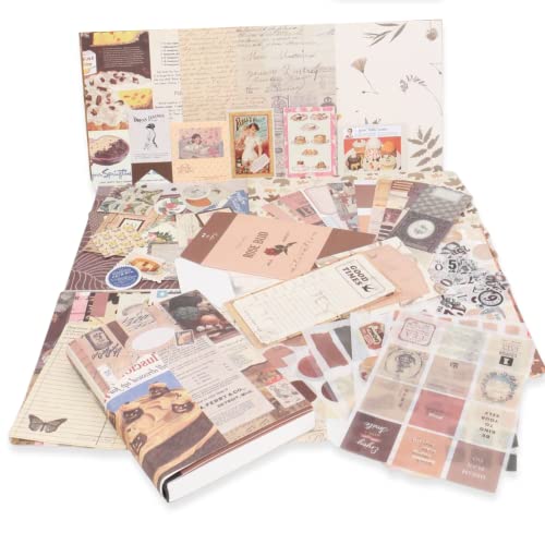 Scrapbook Zubehör Vintage Stickers Set, 345 Stück Ästhetische Bullet Journal Aufkleber mit A6 Raster Notizbuch, Retro Deko Schreibpapier für DIY Geschenk Mädchen Reisebuch Fotoalbum Cover