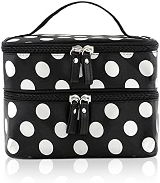 wenettion Double Layer Cosmetic Bag Black with White Dot Travel Toiletry Cosmetic Makeup Bag Organizer With Mirror