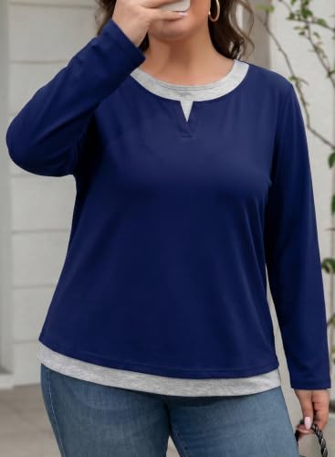 Image of Eytino Women Plus Size Fall Tops Patchwork Shirts(1X-5X) | Casual Crewneck Long Sleeve,Fashion Color Block Basic Tees,Loose Fit Blouse