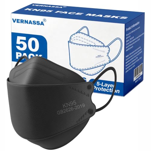 VERNASSA Black KN95 Face Masks 50 Pack, 5-Layer Disposable Masks for Adults, Breathable & Comfortable, Filter Efficiency ≥95%, Protective Masks for Home, Travel, Work