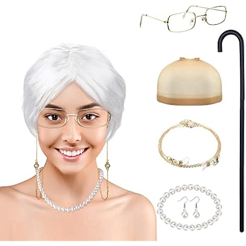 YADOCA Old Lady Wig Granny Cosplay Wig Old Lady Costume for Women, Grandma Wig Cap Glasses Chain Pearl Necklace Earring Bracelet Walking Cane(8 Pieces), Christmas Halloween Costume Grey Wig Cover