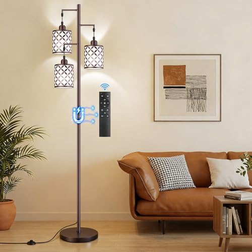 New Upgraded 72' Tall Dimmable Floor Lamp with 3 x 1100LM 12W Bright LED Bulbs, Farmhouse Standing Lamp with Remote Control, Industrial Tree Pole Floor Lamps for Living Room, Bedroom, Office - Brown