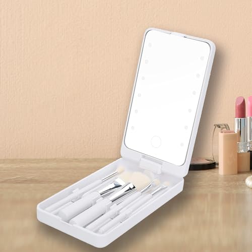 Image of Prime Pick Glow Pro Vanity Mirror 2 in 1 Rotatable Makeup Mirror LED Light Dimmable Touch Control with 5 Makeup Brushes Portable Travel Beauty Mirror for Women White