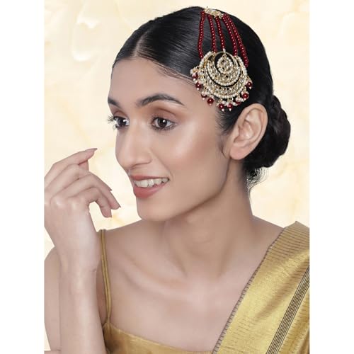 Image of Peora Gold-Plated Kundan Pearl Studded & Beaded Passa /Matha Patti Jewellery for Women & Girls