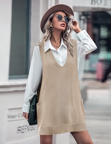 Image of HOTOUCH Women Sweater Vest Oversized V Neck Sleeveless Knit Pullover Ribbed Vest Dress with Pockets