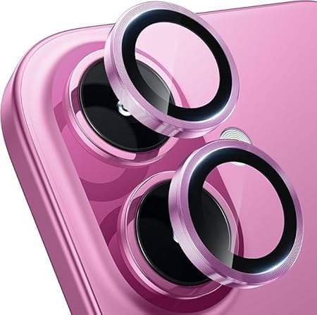 Image of for iphone 16 /16 Plus camera lens protector Tempered Glass Aluminum Alloy Ring with Camera Cover (Pink)