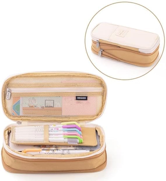 Image of EASTHILL Canvas Big Capacity Pencil Pen Case Office College School Large Storage High Capacity Bag Pouch Holder Box Organizer (Khakhi), Brown