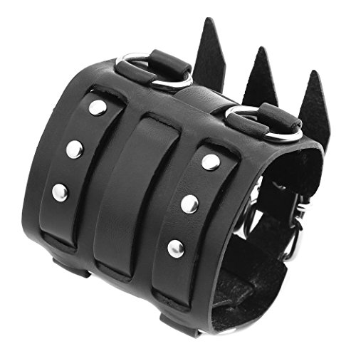 Hzman Men's Alloy Ring Genuine Leather Bracelet Bangle Cuff Silver Tone Adjustable (Black) #TOP5