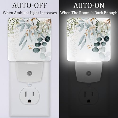 Image of NEWzone Eucalyptus Leaves and Flowers Night Light [2 Pack], Plug in Wall Led Night Lights Decor for Boys Girls Room, Dusk to Dawn Sensor Wall Lamp for Stairway /Bedroom /Kitchen /Nursery Room
