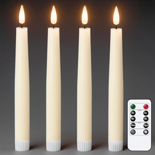 Image of Flameless Taper Candles Battery Operated with Remote Timer, Real Wax LED Taper Candles with 3D Flickering Wick, 4 Pack Ivory Flameless Candlesticks for Spring Wedding Home Bedroom Decor