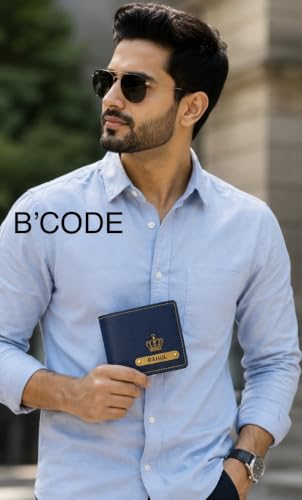 Image of B'Code Customised Original Leather Wallet for Men with Name, Personalized Purse (Navy Blue) Unique Stylish Gift for Brother, Husband, Boyfriend, Birthday, Rakshabandhan, New Year, Valentine's Day
