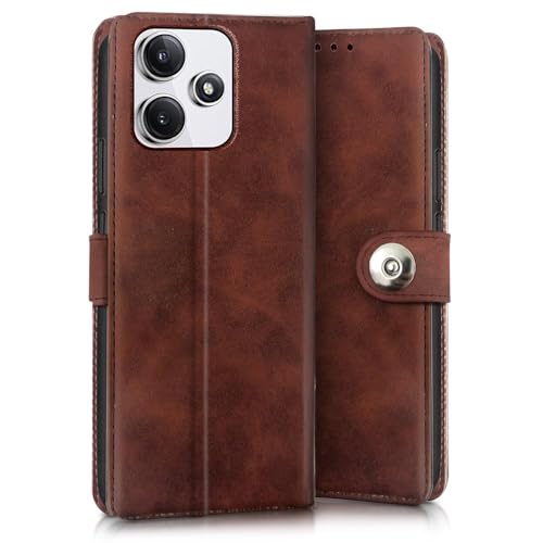 Image of WOW IMAGINE Shock Proof Flip Cover Back Case for Mi Redmi 12 5G | Redmi 12 4G | Poco M6 Pro 5G (Magnetic Button Flip Case | Wallet Pockets & Stand | Leather Finish | Coffee)