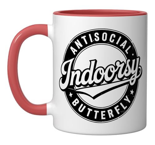 Indoorsy Antisocial Butterfly Retro Badge Vintage Introvert Ceramic Mug, Red/White