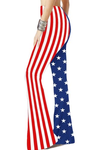 Image of WSPLYSPJY Women's Print Stretch Bell Bottom Flare Palazzo Pants Trousers Flag L